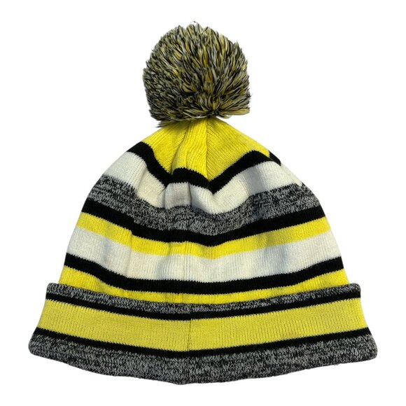 Pittsburgh Striped Pom Beanie – Black, Yellow, White Knit Winter Hat – Unisex – - Picture 2 of 3